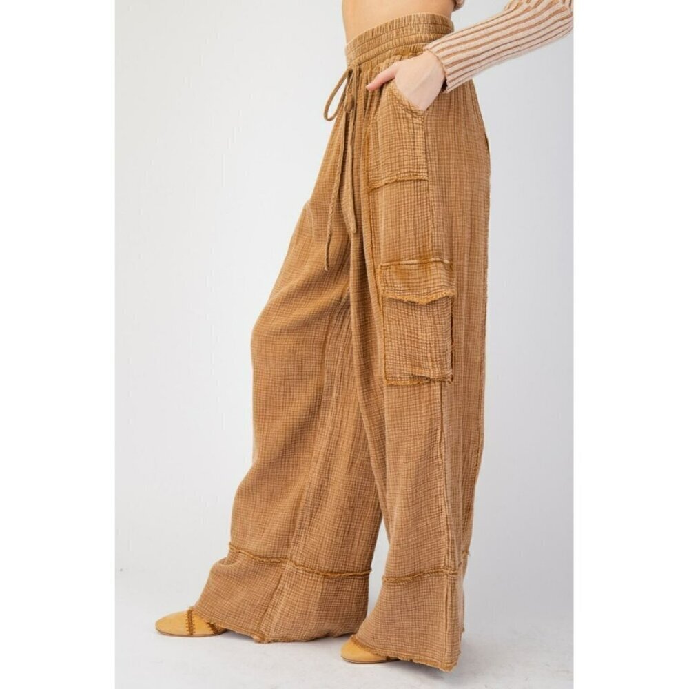 Roxie Cotton Gauze Mineral Washed Wide Leg Pants in Camel - Picture 4 of 5
